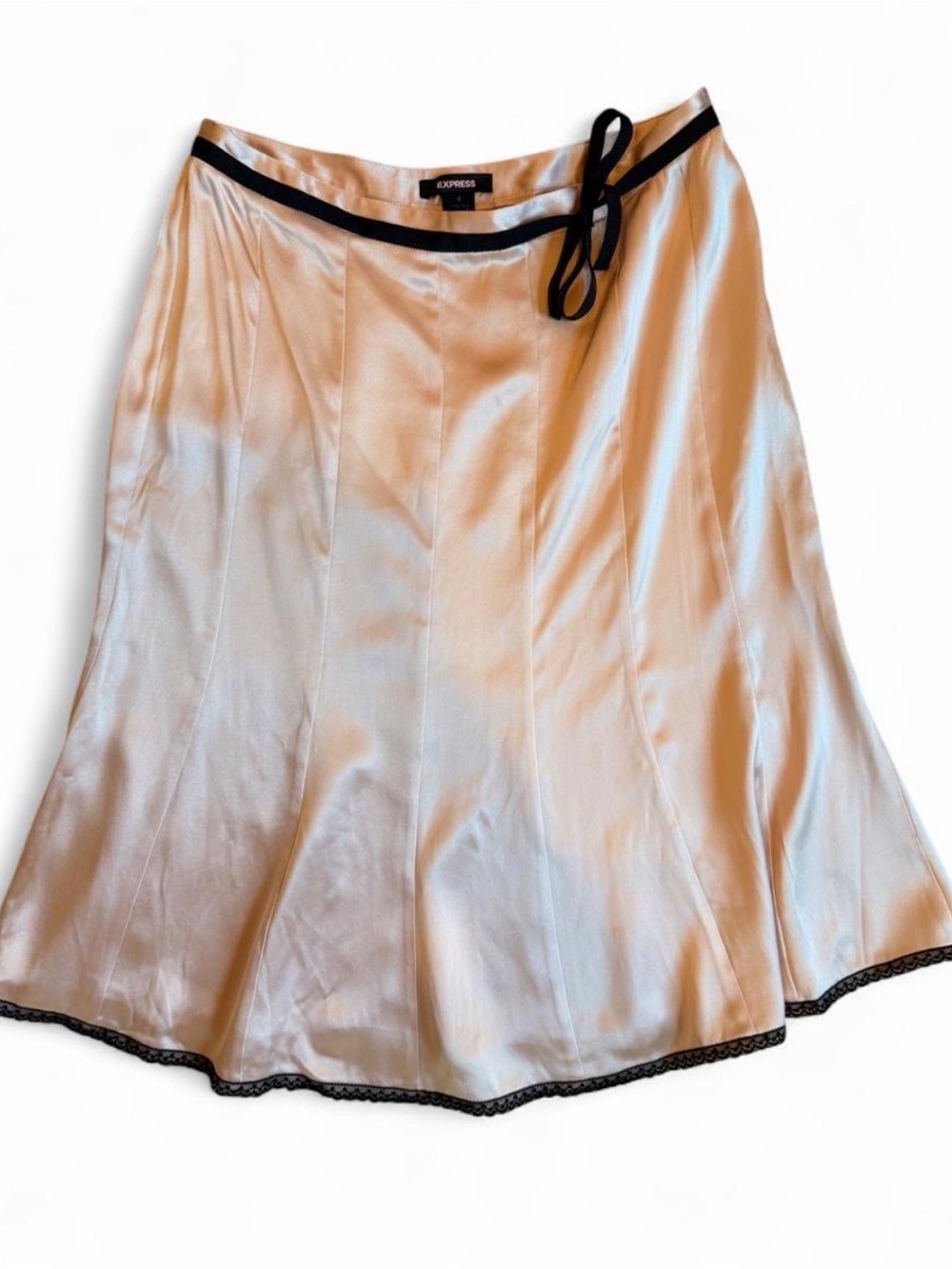Express Champagne 100% Silk A-Line Skirt with Black Lace Trim and Bow Detail